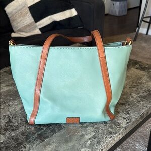 Fossil Green and Brown Tote Bag with Leather Accents